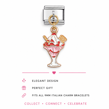 A charm link for an italian charm bracelet featuring an enamel ice cream sundae design with red strawberries, white whipped cream, pink base
