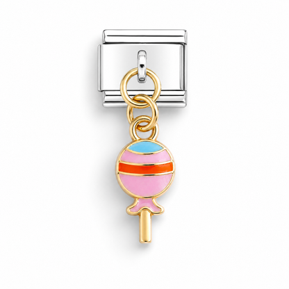An italian stainless steel charm link with a dangling lollipop charm. The lollipop has a gold-plated outline and stick, with pink, orange, and light blue enamel stripes on its round body.