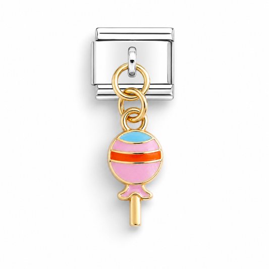 Gold-tone Italian charm with striped lollipop pendant and pink candy enamel dangle