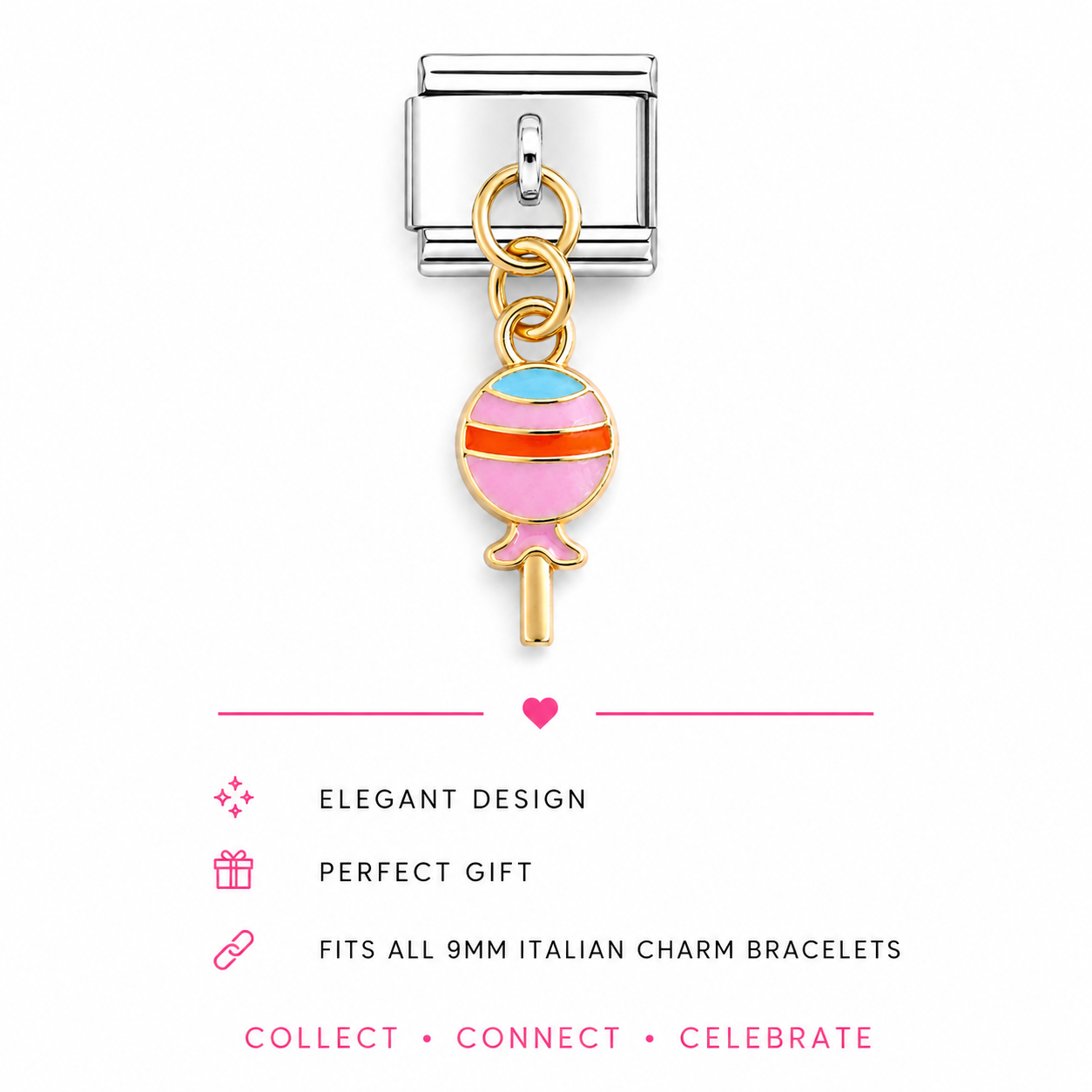 An italian stainless steel charm link with a dangling lollipop charm. The lollipop has a gold-plated outline and stick, with pink, orange, and light blue enamel stripes on its round body.