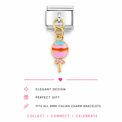 An italian stainless steel charm link with a dangling lollipop charm. The lollipop has a gold-plated outline and stick, with pink, orange, and light blue enamel stripes on its round body.