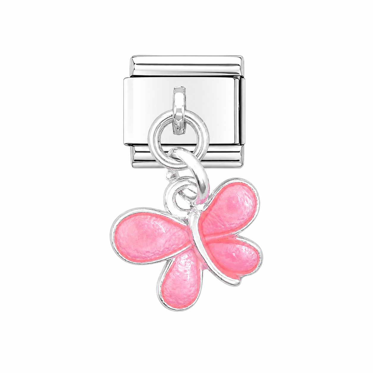 Stainless steel Italian charm with pink butterfly dangle, loop clasp and enamel wings