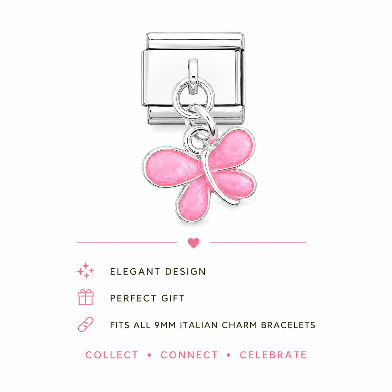Stainless steel Italian charm with pink butterfly dangle, front view with hanging loop