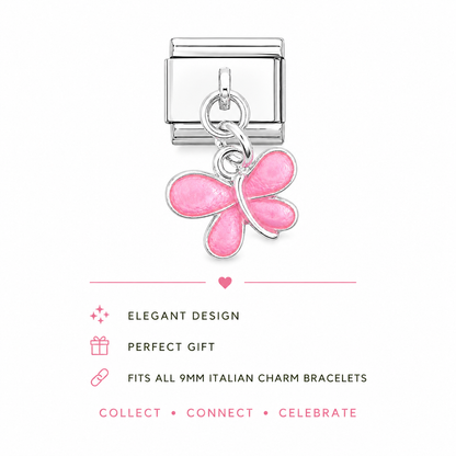 Stainless steel Italian charm with pink butterfly dangle, front view with hanging loop