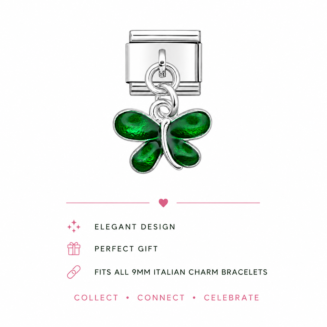 Stainless steel charm with green enamel butterfly and circular connector