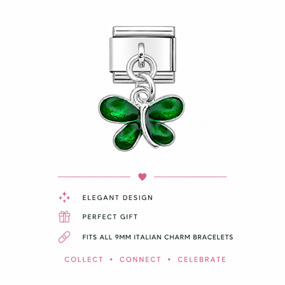 Stainless steel charm with green enamel butterfly and circular connector