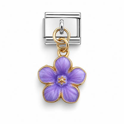 A silver-toned Italian charm link featuring a dangling five-petal flower charm with purple enamel and gold-toned metal borders.