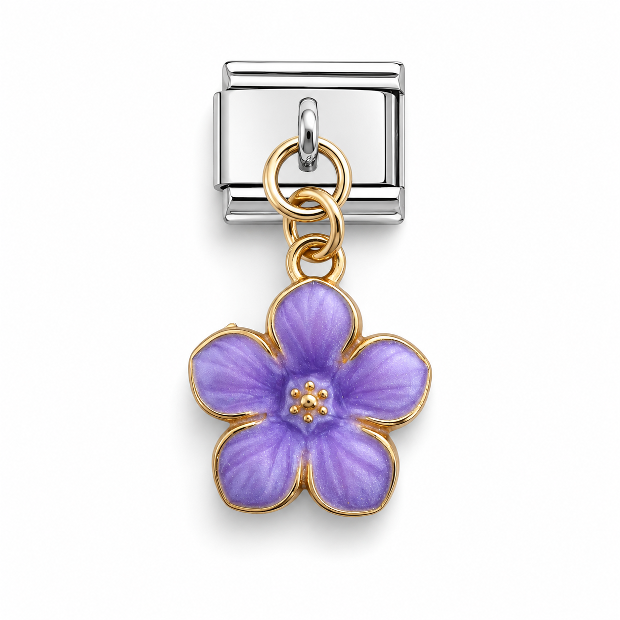 A silver-toned Italian charm link featuring a dangling five-petal flower charm with purple enamel and gold-toned metal borders.