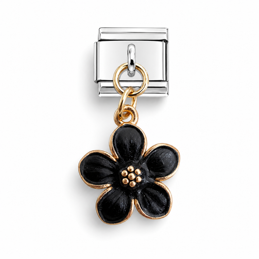 Black daisy dangle charm with gold hanging ring and enamel petal design