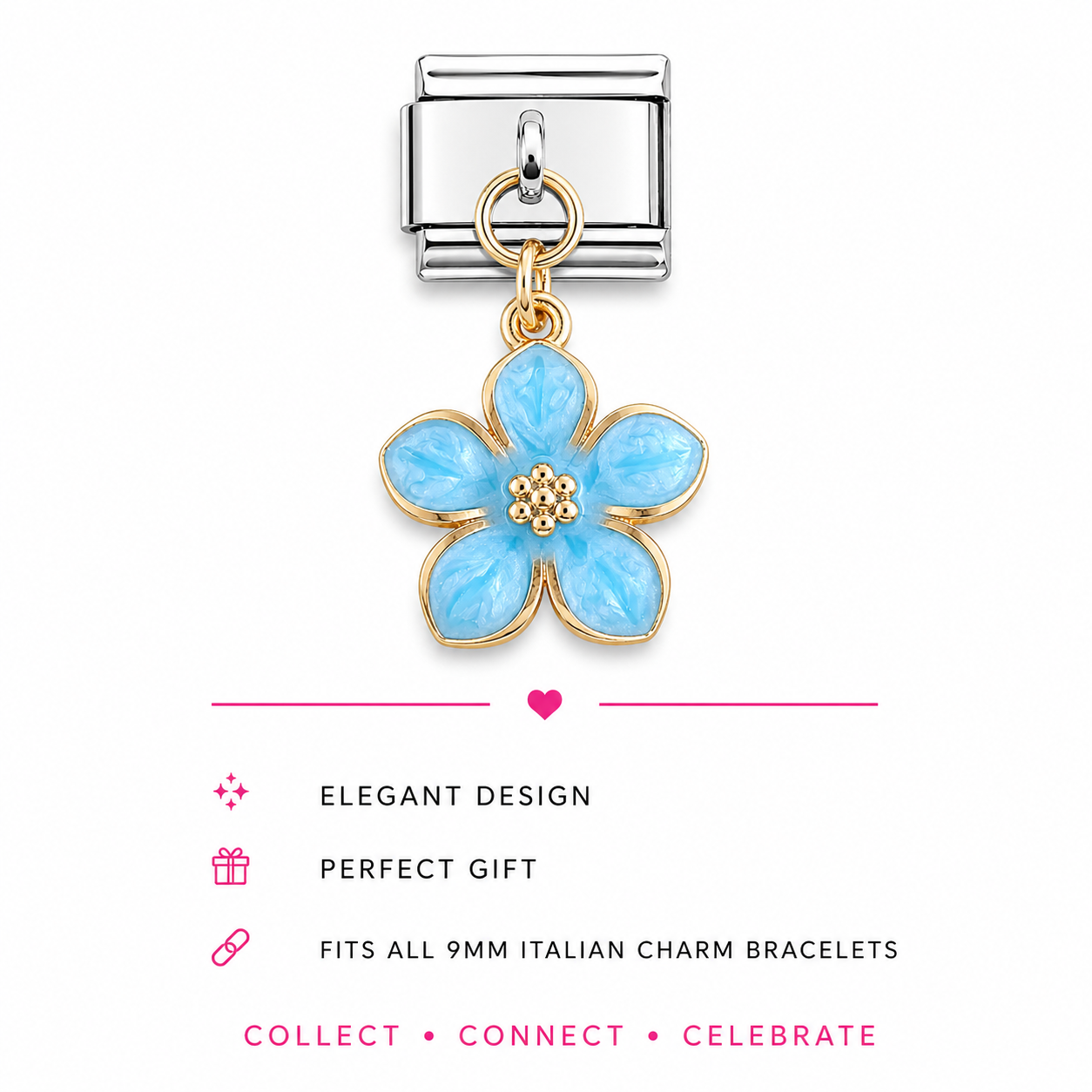 A silver-toned Italian charm link featuring a dangling five-petal flower charm with turquoise enamel and gold-toned metal borders.