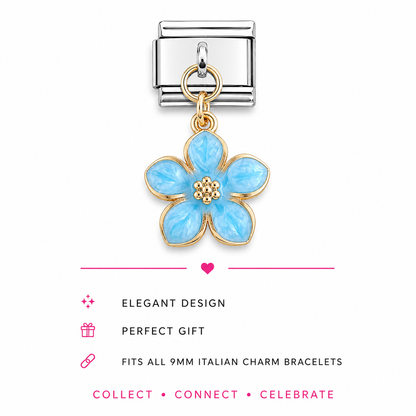 A silver-toned Italian charm link featuring a dangling five-petal flower charm with turquoise enamel and gold-toned metal borders.