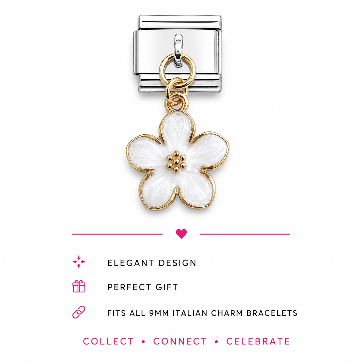 A silver-toned Italian charm link featuring a dangling five-petal flower charm with white enamel and gold-toned metal borders.