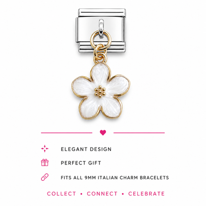 A silver-toned Italian charm link featuring a dangling five-petal flower charm with white enamel and gold-toned metal borders.