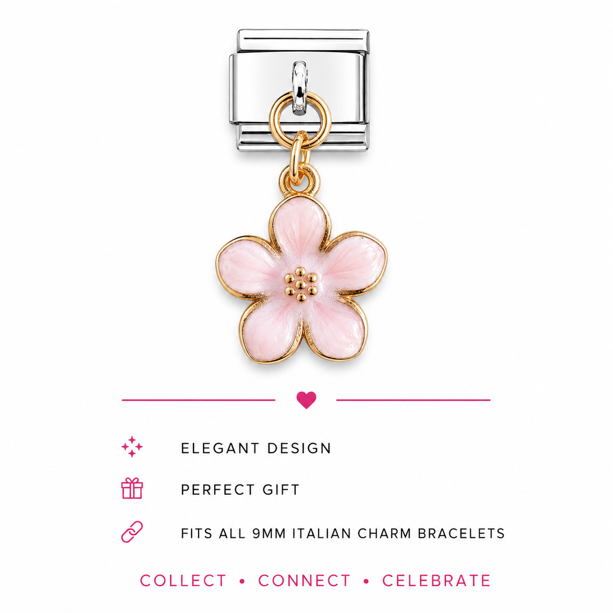 A silver-toned Italian charm link featuring a dangling five-petal flower charm with pink enamel and gold-toned metal borders.