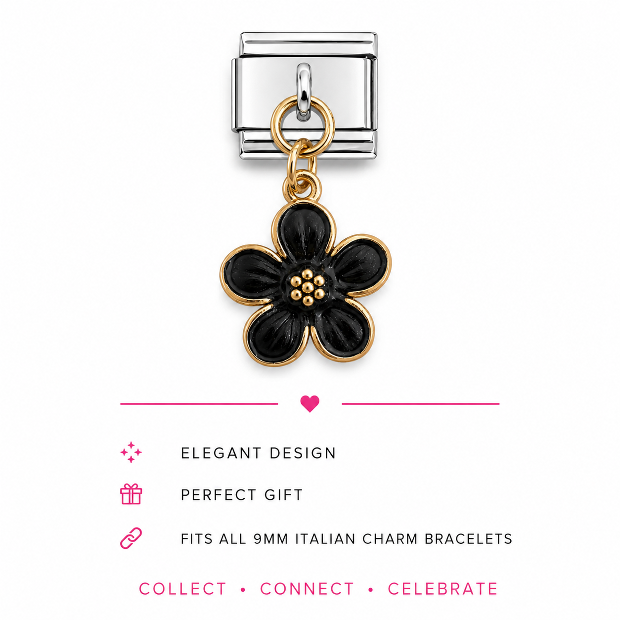 A silver-toned Italian charm link featuring a dangling five-petal flower charm with black enamel and gold-toned metal borders.