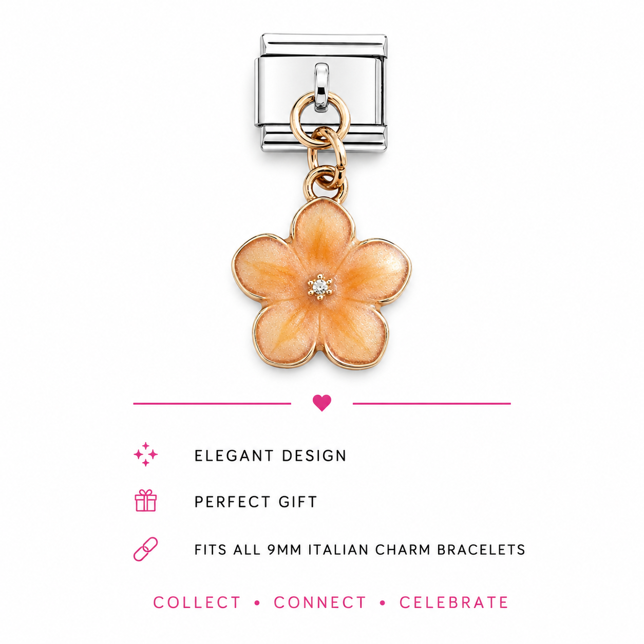 A silver-toned Italian charm link featuring a dangling five-petal flower charm with peach enamel and gold-toned metal borders.