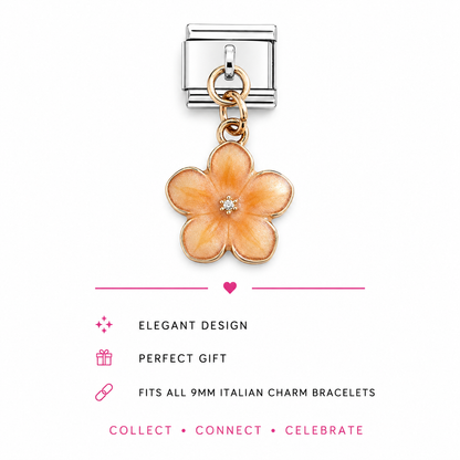 A silver-toned Italian charm link featuring a dangling five-petal flower charm with peach enamel and gold-toned metal borders.