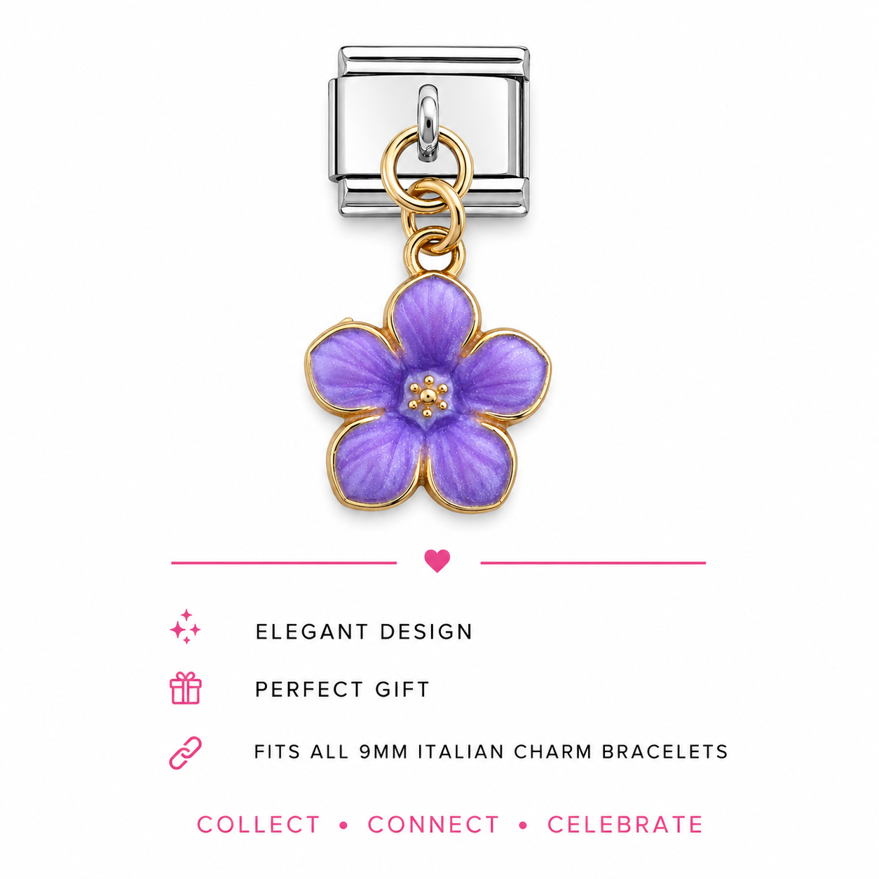 A silver-toned Italian charm link featuring a dangling five-petal flower charm with purple enamel and gold-toned metal borders.