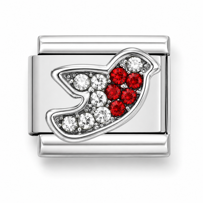 Italian stainless steel charm link featuring a silver-toned robin/ dove  motif adorned with clear cubic zirconia and red crystal stones