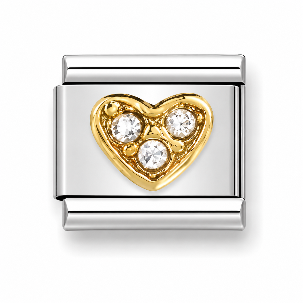 Italian charm link featuring a gold heart  with clear  gemstones in the centre.