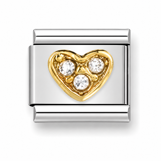 Stainless link charm with gold heart set with three clear crystals