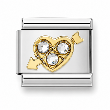 Italian charm link featuring a gold heart pierced by an arrow, with clear  gemstones in the centre.