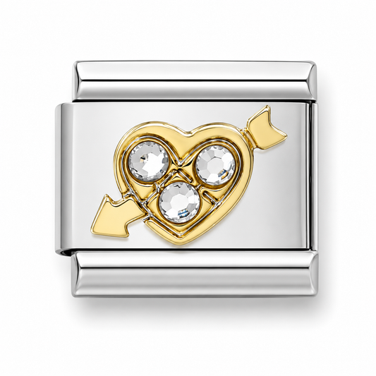 Gold heart arrow charm with three clear crystal circles on polished silver clasp