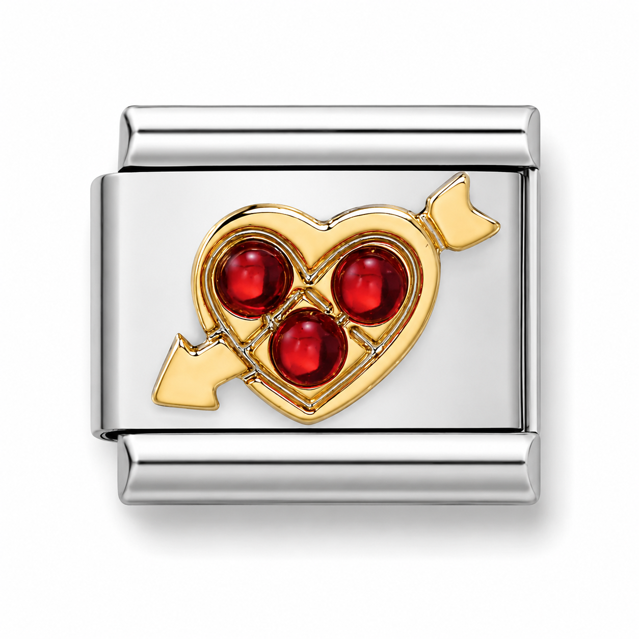 Italian charm link featuring a gold heart pierced by an arrow, with three red gemstones in the centre.