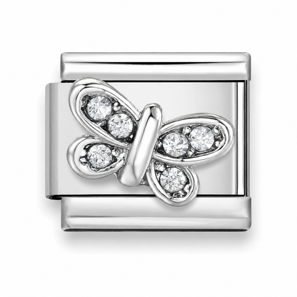 Italian stainless steel charm link featuring a Silver-toned butterfly  motif adorned with clear cubic zirconia crystal stones