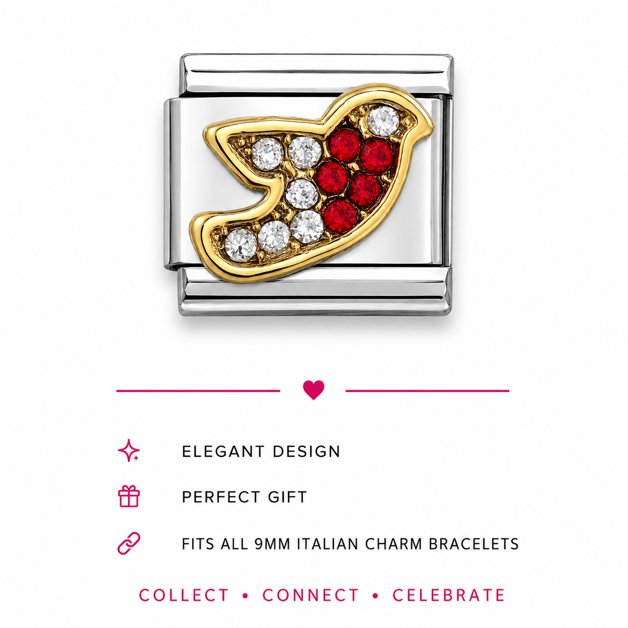 Italian stainless steel charm link featuring a gold-toned robin/ dove  motif adorned with clear cubic zirconia and red crystal stones