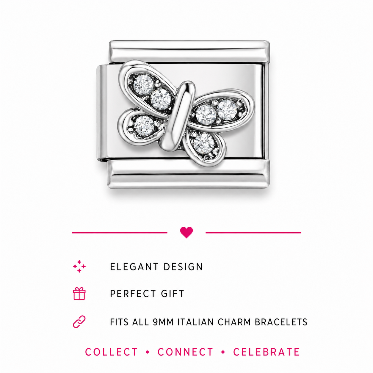 Italian stainless steel charm link featuring a Silver-toned butterfly  motif adorned with clear cubic zirconia crystal stones