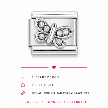 Italian stainless steel charm link featuring a Silver-toned butterfly  motif adorned with clear cubic zirconia crystal stones