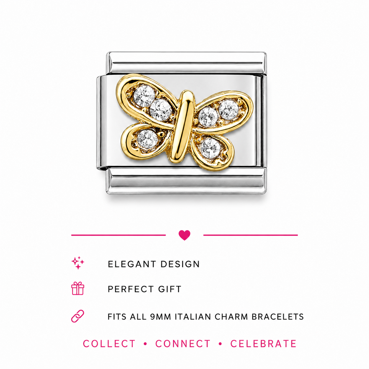 Italian stainless steel charm link featuring a gold-toned butterfly  motif adorned with clear cubic zirconia crystal stones