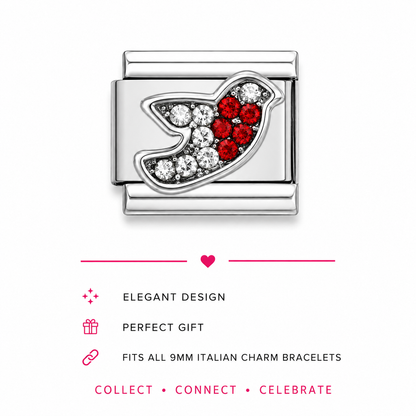 Italian stainless steel charm link featuring a silver-toned robin/ dove  motif adorned with clear cubic zirconia and red crystal stones