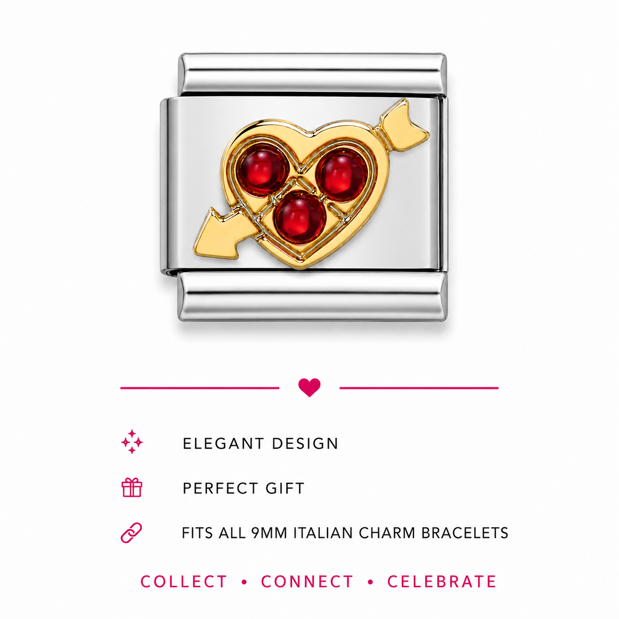 Italian charm link featuring a gold heart pierced by an arrow, with three red gemstones in the centre.