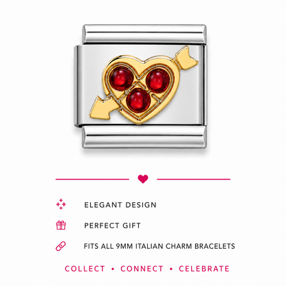 Italian charm link featuring a gold heart pierced by an arrow, with three red gemstones in the centre.