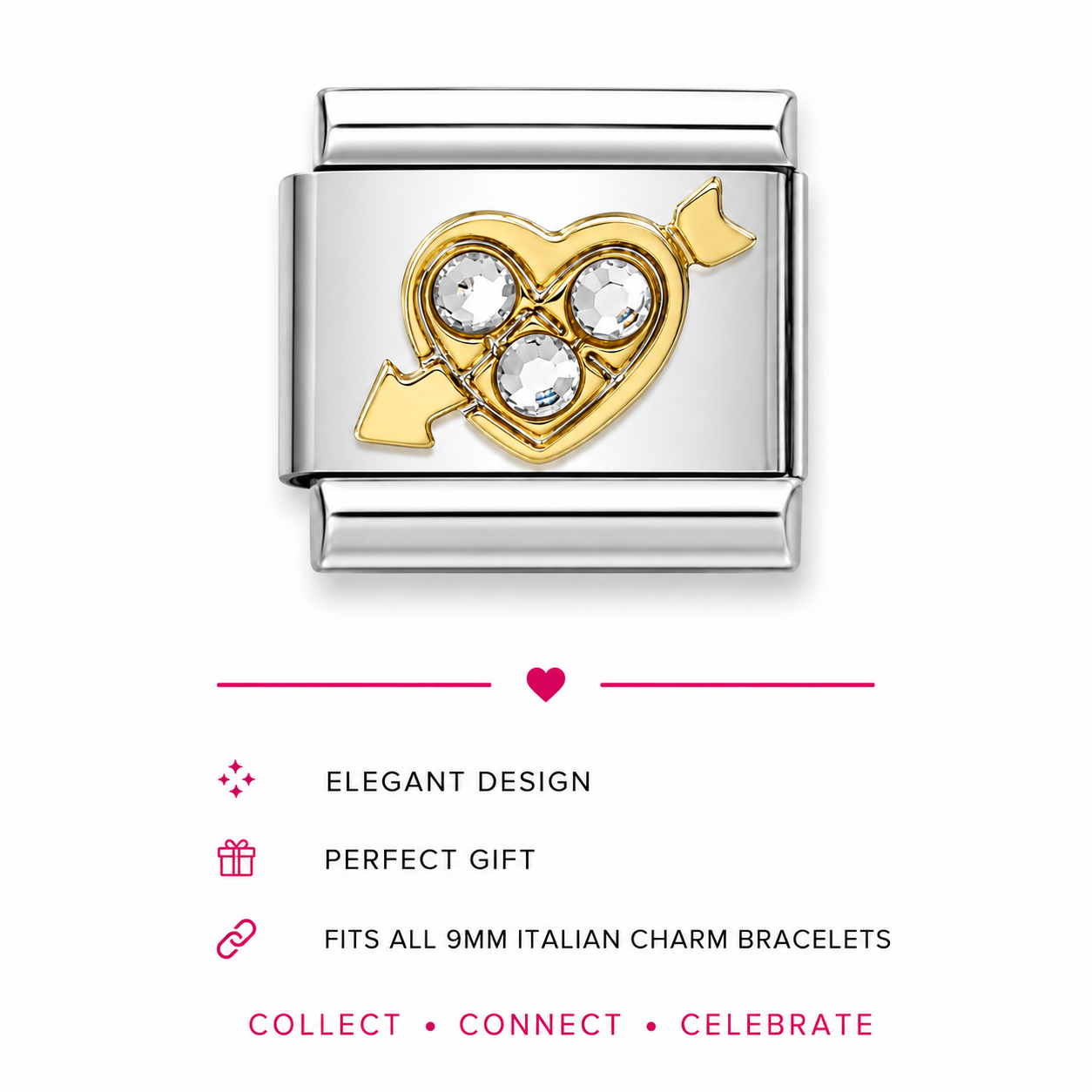 Italian charm link featuring a gold heart pierced by an arrow, with clear  gemstones in the centre.
