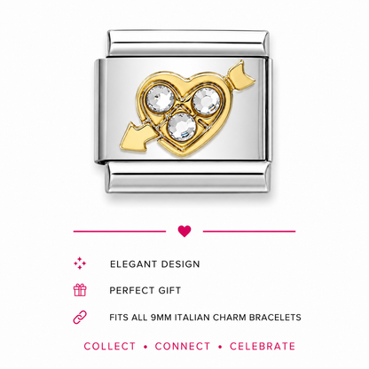Italian charm link featuring a gold heart pierced by an arrow, with clear  gemstones in the centre.