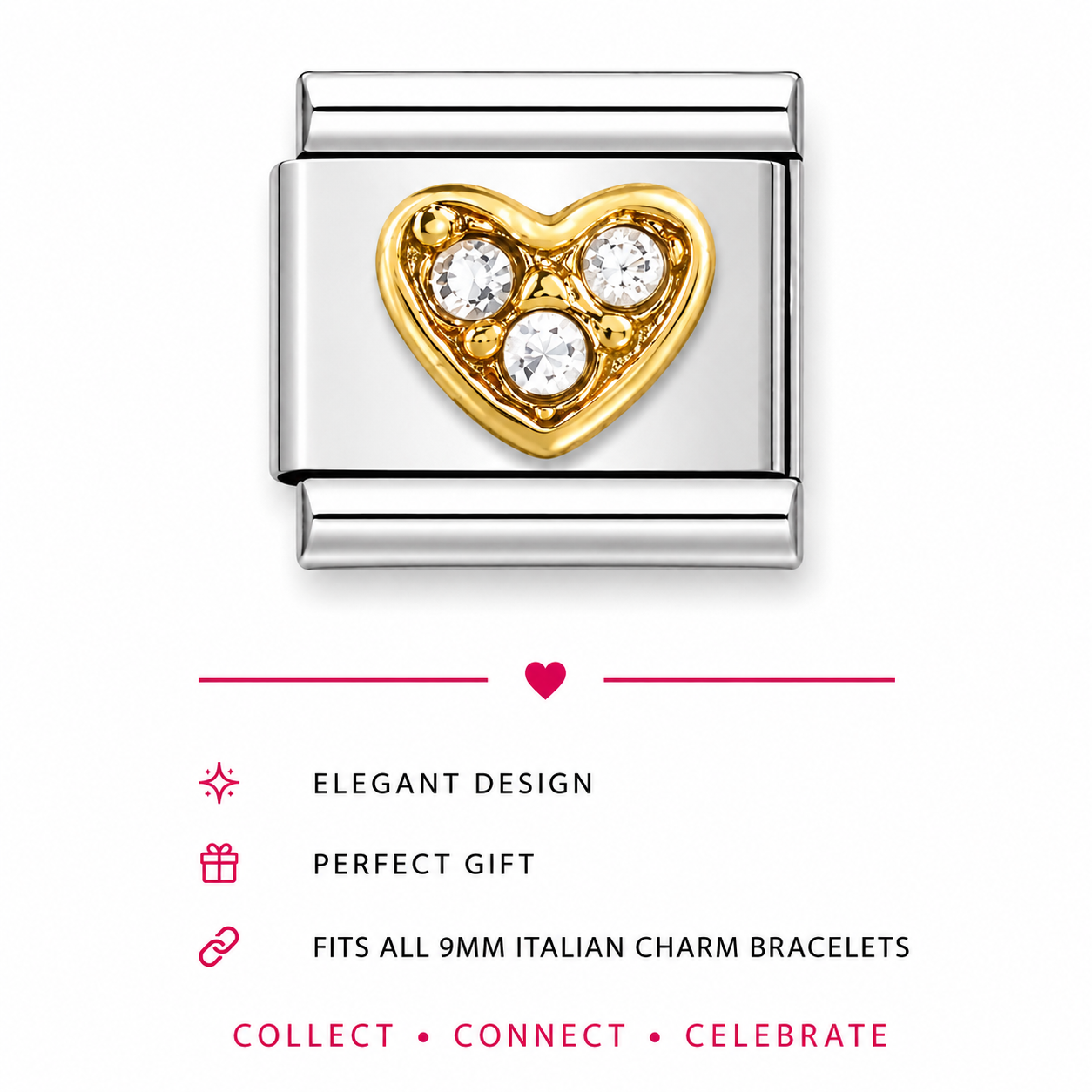 Italian charm link featuring a gold heart  with clear  gemstones in the centre.
