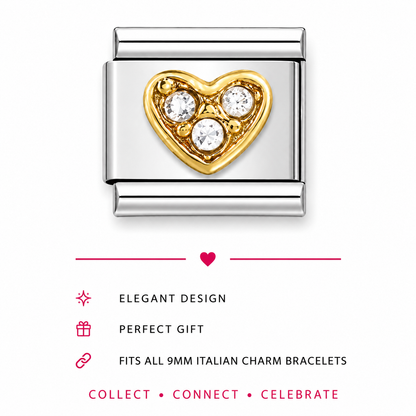 Italian charm link featuring a gold heart  with clear  gemstones in the centre.