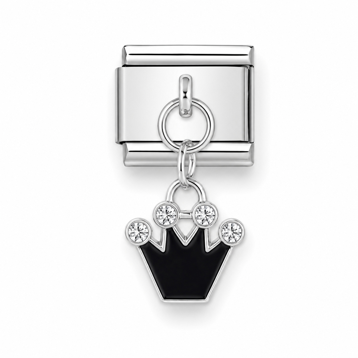 A silver-tone modular italian charm link featuring a dangling crown-shaped charm with a glossy black enamel centre and four clear rhinestone accents.