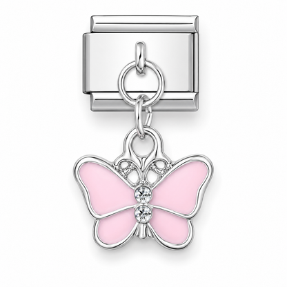 A silver-tone Italian charm link with a dangling butterfly charm. The butterfly features light pink enamel wings and a clear rhinestone at its centre.