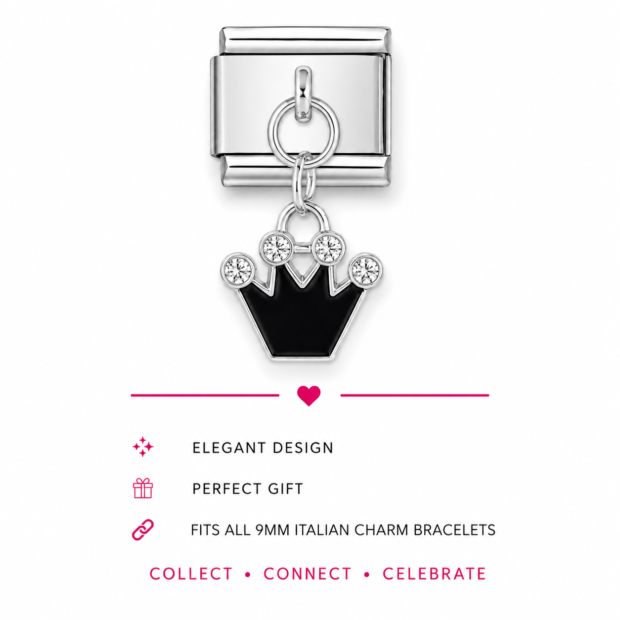 A silver-tone modular italian charm link featuring a dangling crown-shaped charm with a glossy black enamel centre and four clear rhinestone accents.