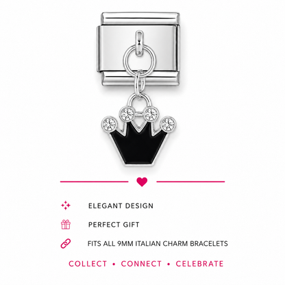 A silver-tone modular italian charm link featuring a dangling crown-shaped charm with a glossy black enamel centre and four clear rhinestone accents.