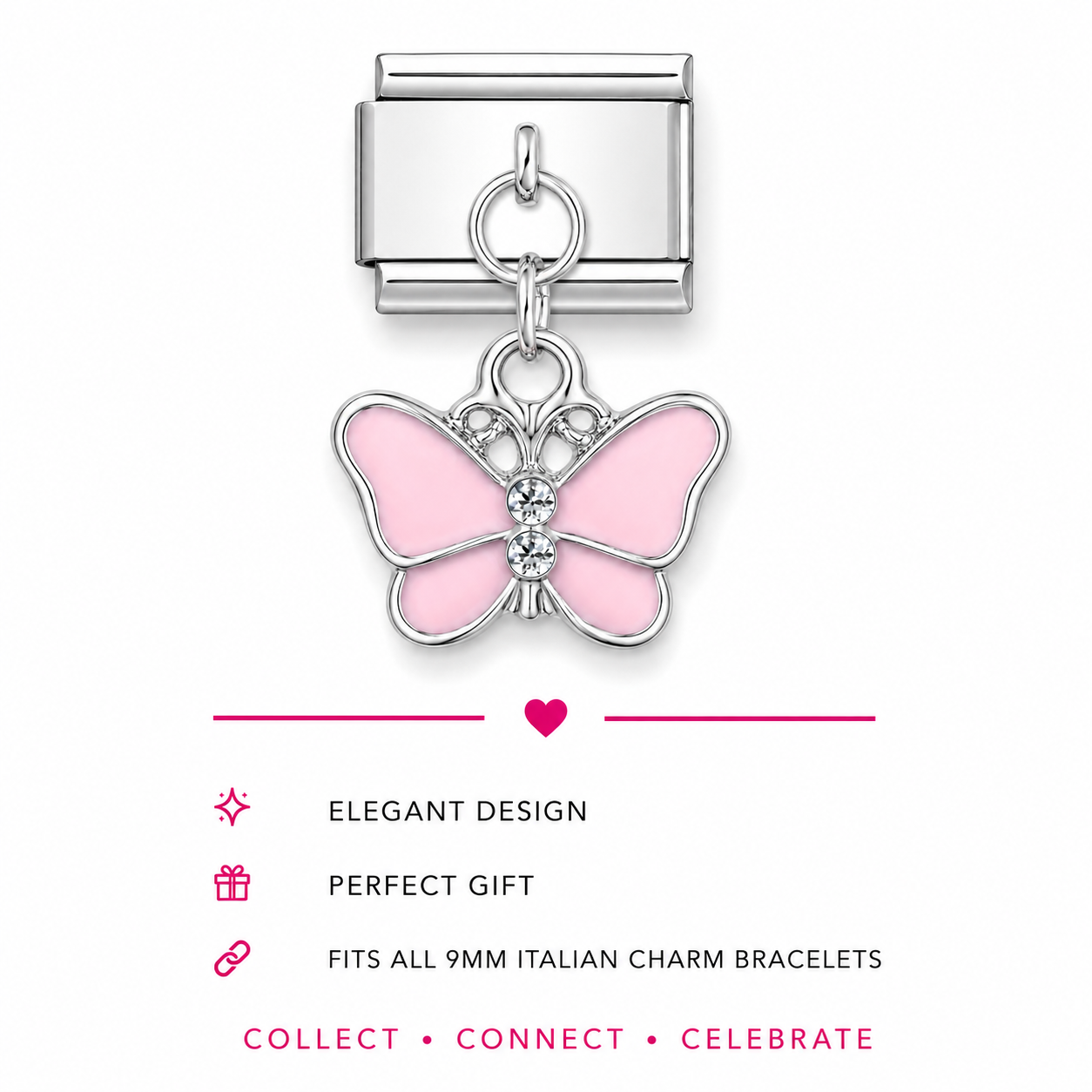 A silver-tone Italian charm link with a dangling butterfly charm. The butterfly features light pink enamel wings and a clear rhinestone at its centre.