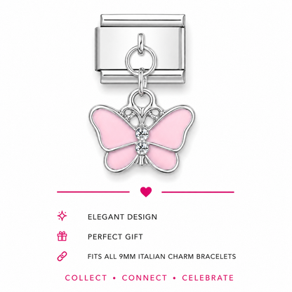 A silver-tone Italian charm link with a dangling butterfly charm. The butterfly features light pink enamel wings and a clear rhinestone at its centre.