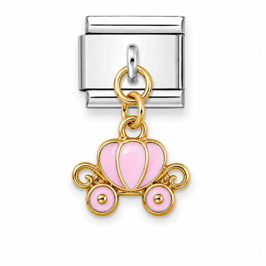 Gold-tone link dangle charm with pink heart and wheel accents