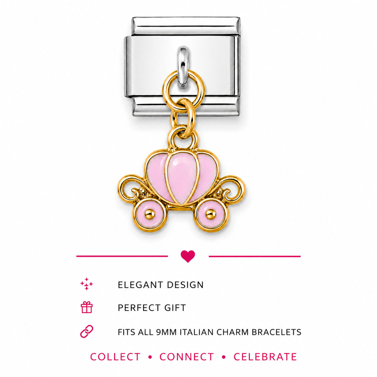 A gold and silver italian charm link for jewellery making, featuring a pink and gold pumpkin carriage charm with a polished silver-toned 