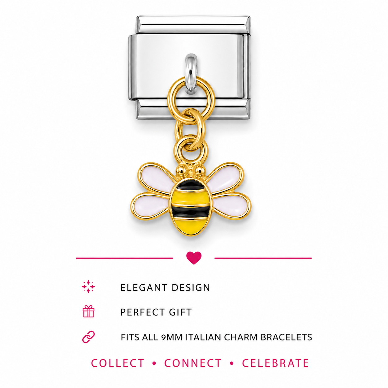 A gold and silver-tone bumblebee Italian charm with white enamel wings.