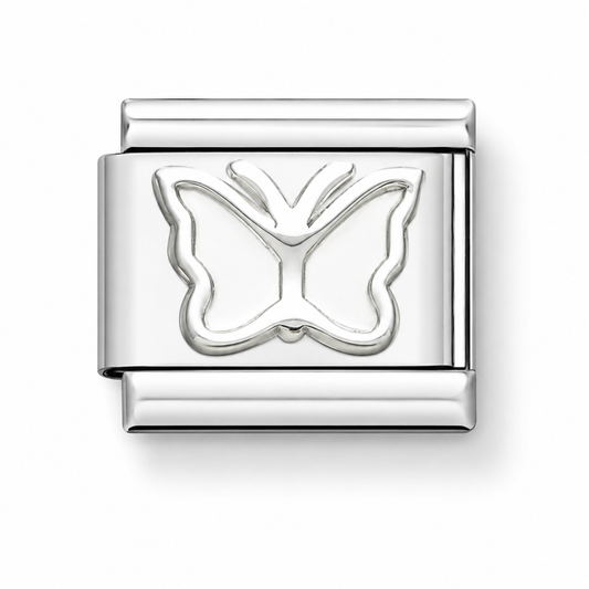 Silver butterfly charm insert with white enamel, rectangular connector ends